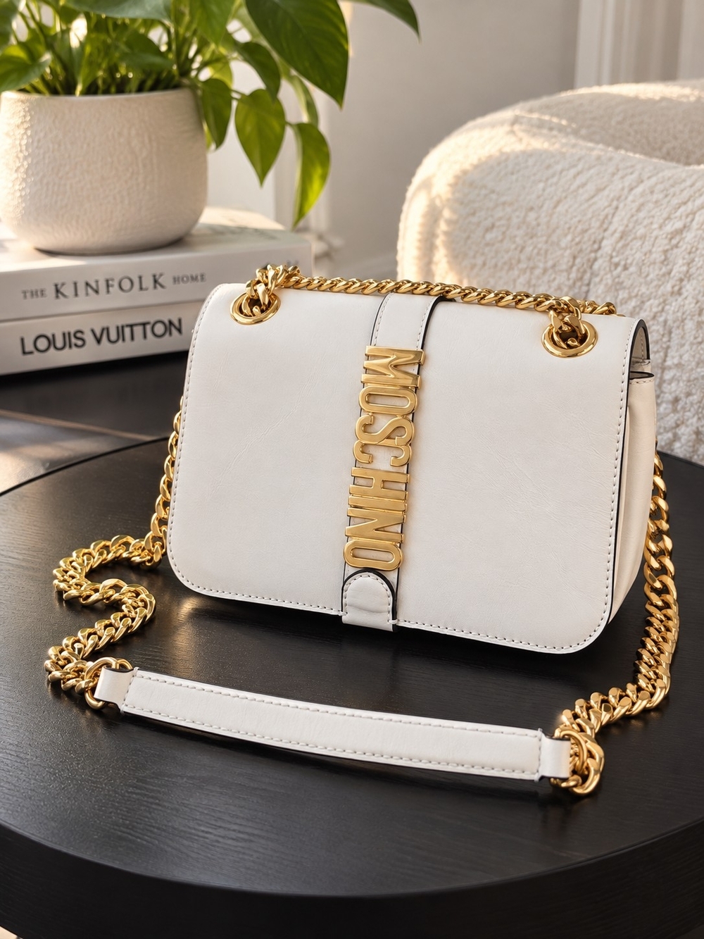 Moschino White Leather Shoulder Bag with Gold Logo Chain